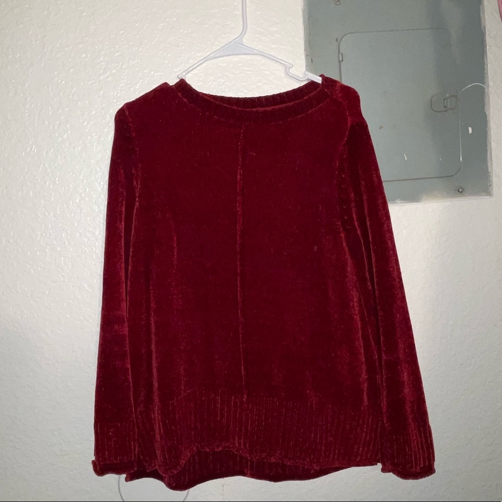 A warm soft red Chenille sweater that really hits the stop in winter!